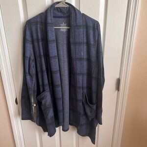 Cuddl Duds Open Front Cardigan Plaid Pockets Comfortwear‎ Blue Gray M